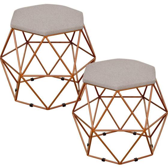 Imagem de Kit 02 Puffs Decorativo Aramado Bronze Six L02 Linho Bege - Lyam Decor