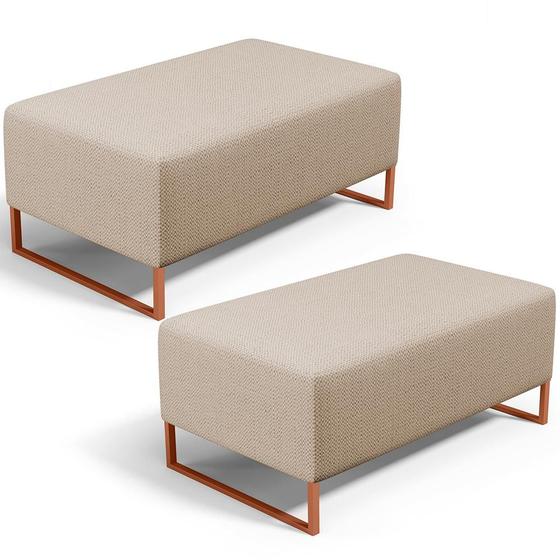 Imagem de Kit 02 Puffs Decorativo Sala De Estar Cléo 90cm W01 Base Ferro Cobre Linho Bege Escuro - Lyam Decor