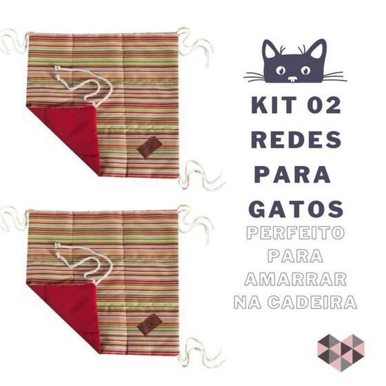 Imagem de Kit 02 Redes Para Gatos Amarrar na Cadeira Listras Vermelha - Casa Com Amor Cama Pendurada