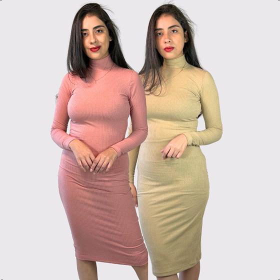 Imagem de Kit 02 Vestidos Midi Canelado Casual Básico Acinturado Modelador Confortavel