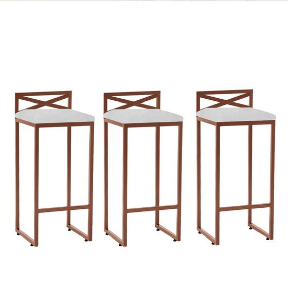 Imagem de Kit 03 Banqueta Alta Com Encosto Ema Balcão Bar Cozinha Bistrô Ferro Bronze Suede Branco - Ahz Móveis