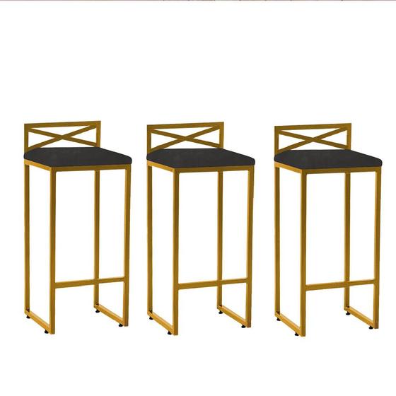 Imagem de Kit 03 Banqueta Alta Com Encosto Ema Balcão Bar Cozinha Bistrô Ferro Dourado Suede Cinza - Ahazzo Móveis