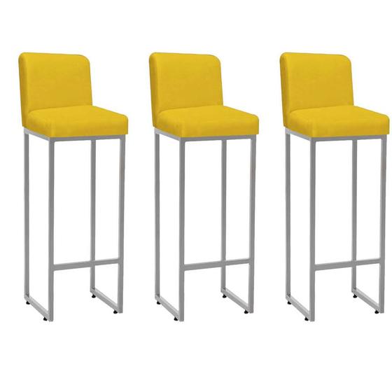 Imagem de Kit 03 Banqueta Alta Com Encosto Lucca -60cm chão até o assento Industrial Ferro Prata Suede Amarelo - Ahazzo Móveis