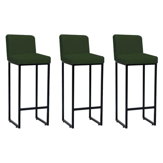 Imagem de Kit 03 Banqueta Alta Com Encosto Lucca -60cm chão até o assento Industrial Ferro Preto Suede Verde Musgo - Ahazzo Móveis