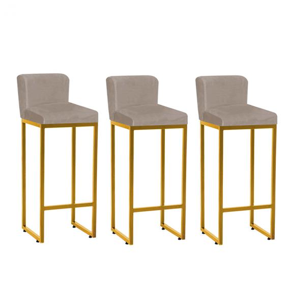 Imagem de Kit 03 Banqueta Alta Com Encosto Lucca Industrial Cozinha Balcão Bistrô Ferro Dourado Suede Bege -Ahazzo Móveis