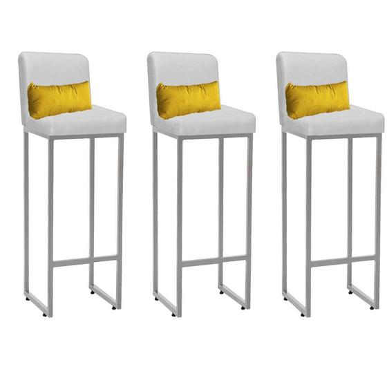 Imagem de Kit 03 Banqueta Alta com Encosto Lucca Industrial Cozinha Balcão Ferro Cinza material sintético Branco e Almofada Amarelo - Ahazzo Móveis