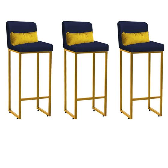 Imagem de Kit 03 Banqueta Alta com Encosto Lucca Industrial Cozinha Balcão Ferro Dourado Sintético Azul Marinho e Almofada Amarelo - Ahazzo Móveis