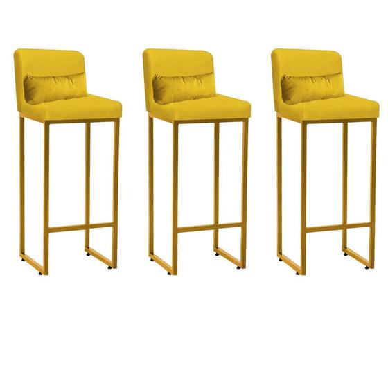 Imagem de Kit 03 Banqueta Alta com Encosto Lucca Industrial Cozinha Balcão Ferro Dourado Suede Amarelo e Almofada Amarelo - Ahazzo Móveis