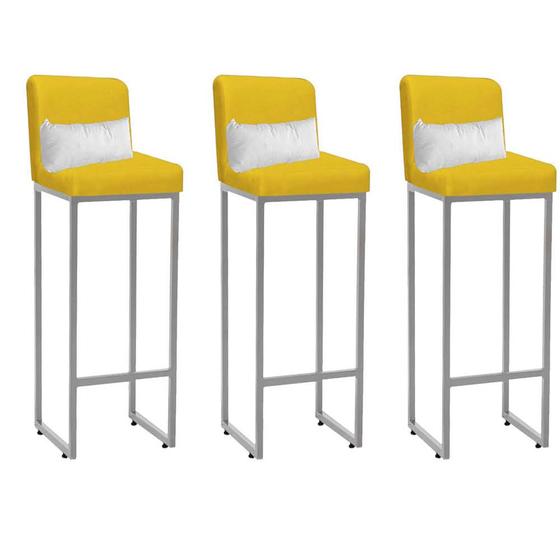 Kit 03 Banqueta Alta com Encosto Lucca Industrial Cozinha Balcão Ferro Prata material sintético Amarelo e Almofada Branco - Ahz Móveis - AHAZZO MÓVEIS Imagem de Kit 03 Banqueta Alta com Encosto Lucca Industrial Cozinha Balcão Ferro Prata material sintético Amarelo e Almofada Branco - Ahz Móveis