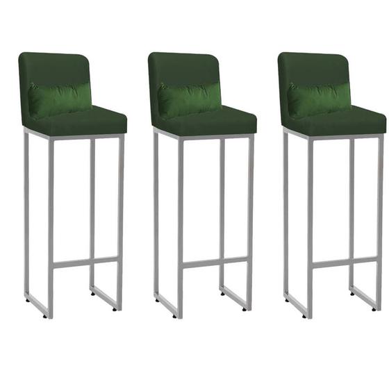 Imagem de Kit 03 Banqueta Alta com Encosto Lucca Industrial Cozinha Balcão Ferro Prata Suede Verde e Almofada Verde - Ahz Móveis