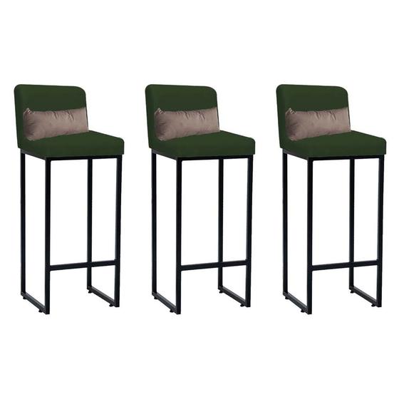 Imagem de Kit 03 Banqueta Alta com Encosto Lucca Industrial Cozinha Balcão Ferro Preto Suede Verde e Almofada Bege - Ahz Móveis