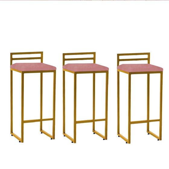 Imagem de Kit 03 Banqueta Alta Com Encosto Petra Balcão Bar Cozinha Bistrô Ferro Dourado Suede Rose Gold - Ahazzo Móveis