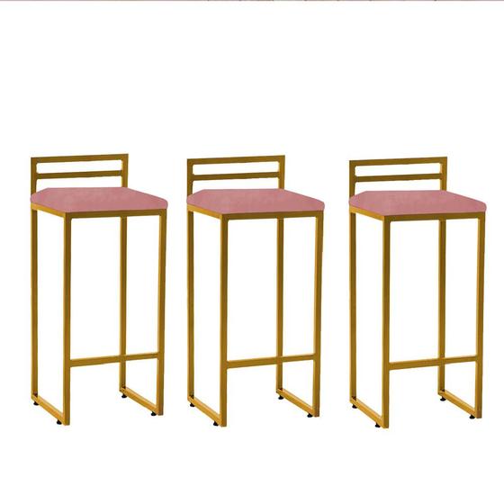 Imagem de Kit 03 Banqueta Alta Com Encosto Petra Balcão Bar Cozinha Bistrô Ferro Dourado Suede Rose Gold - Ahz Móveis