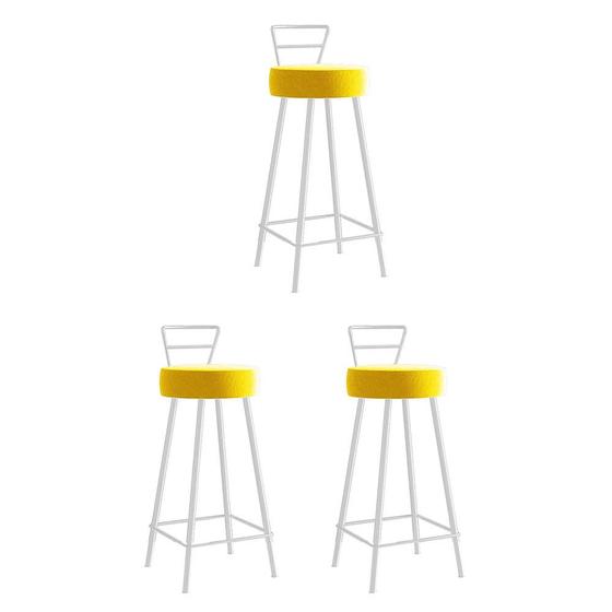 Imagem de Kit 03 Banqueta Alta Com Encosto Tina Eiffel Cozinha Bar Bistrô Ferro Branco Suede Amarelo - Ahazzo Móveis