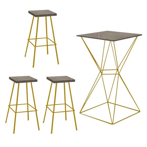 Imagem de Kit 03 Banqueta Alta Eliza Com 01 Mesa Bistrô Lucca Industrial Ferro Dourado 100% MDF Marmorizado - Ahazzo Móveis