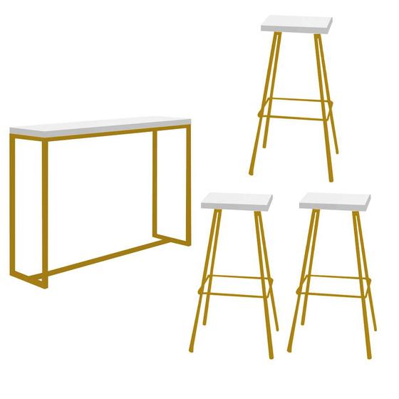 Imagem de Kit 03 Banqueta Alta Eliza Com 01 Mesa Bistrô Mavie Industrial Ferro Dourado 100% MDF Branco - Ahazzo Móveis