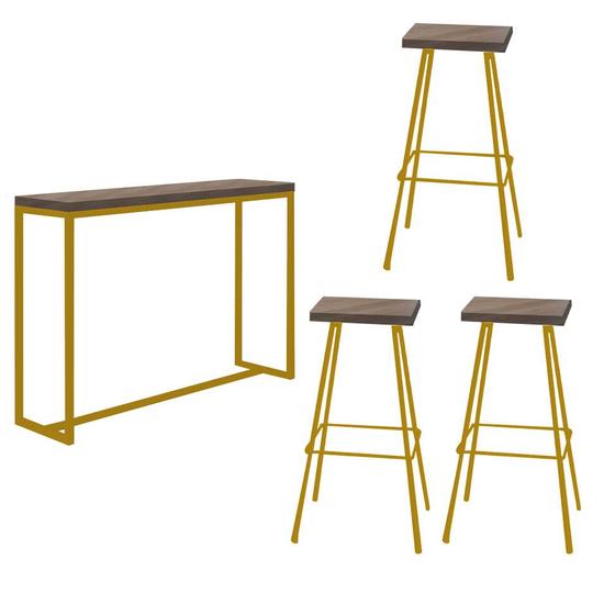 Imagem de Kit 03 Banqueta Alta Eliza Com 01 Mesa Bistrô Mavie Industrial Ferro Dourado 100% MDF Castanho - Ahazzo Móveis