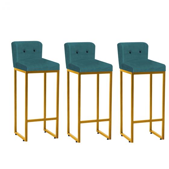 Imagem de Kit 03 Banqueta Alta Encosto Lucca Industrial Cozinha Ferro Dourado Botão Preto Suede Azul Turquesa -Ahazzo Móveis