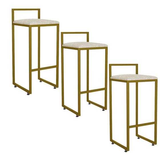 Imagem de Kit 03 Banqueta Alta Industrial 0,63 cm Metal Dourada Linho Cru - Vallisa Decor