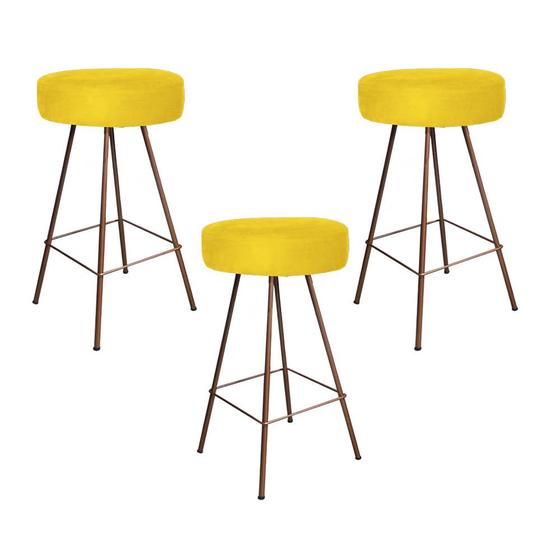 Imagem de Kit 03 Banqueta Alta Laisa Industrial Redonda Cozinha Bar Balcão Bistrô Ferro Bronze Suede Amarelo - Ahz Móveis