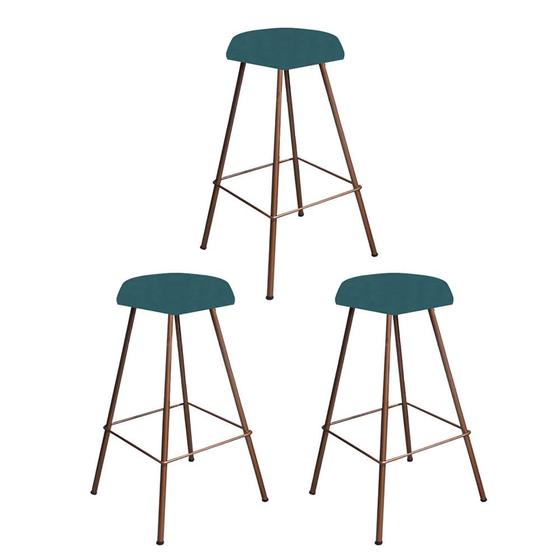 Imagem de Kit 03 Banqueta Alta Lari Eiffel Hexágono Cozinha Bar Balcão Bistrô Ferro Bronze Suede Azul Turquesa - Ahz Móveis