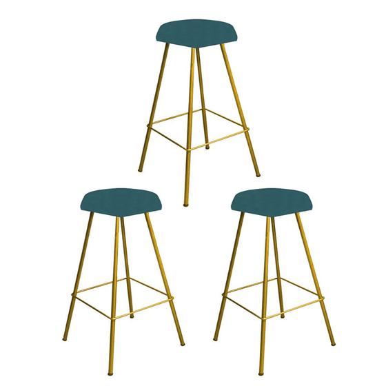 Imagem de Kit 03 Banqueta Alta Lari Eiffel Hexágono Cozinha Bar Balcão Bistrô Ferro Dourado Suede Azul Turquesa - Ahazzo Móveis