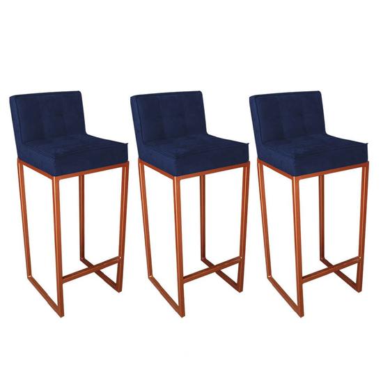 Imagem de Kit 03 Banqueta Alta Linne Com Encosto Cozinha Bar Balcão Bistrô Ferro Bronze Suede Azul Marinho - Ahazzo Móveis