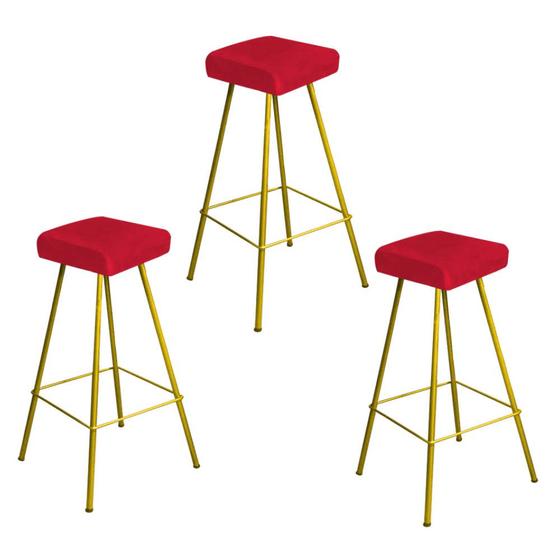 Imagem de Kit 03 Banqueta Alta Lira Eiffel Industrial Cozinha Bar Balcão Bistrô Ferro Dourado Suede Vermelho - Ahz Móveis