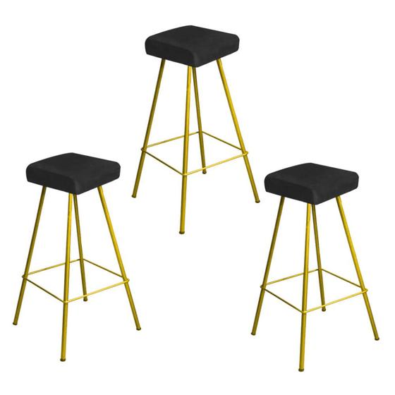 Imagem de Kit 03 Banqueta Alta Lira Eiffel Industrial Cozinha Bar Balcão Bistrô Ferro Dourado Tecido Sintético Preto - Ahz Móveis