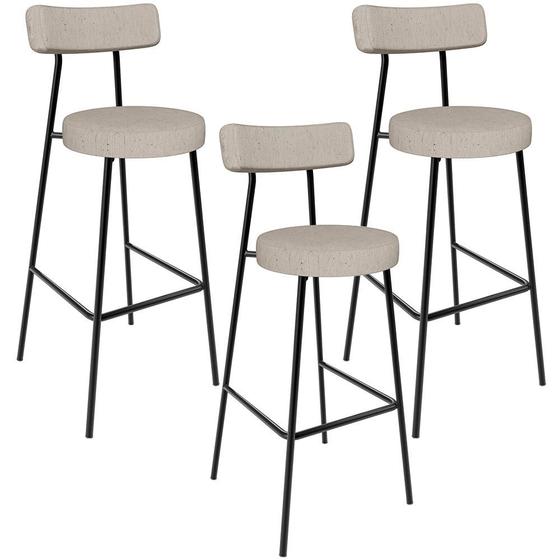 Imagem de Kit 03 Banquetas Alta Bar Cozinha Sala De Jantar Em Aço Milão L02 Linho Bege - Lyam Decor