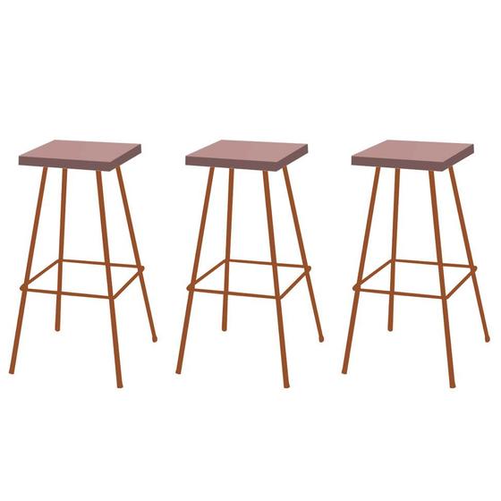 Imagem de Kit 03 Banquetas Alta Eliza 75cm Industrial Para Cozinha Ferro Bronze 100% MDF Rose - Ahz Móveis