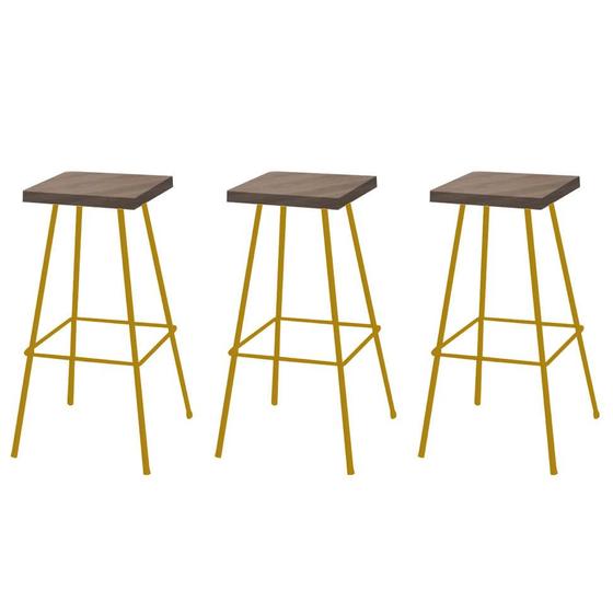 Imagem de Kit 03 Banquetas Alta Eliza 75cm Industrial Para Cozinha Ferro Dourado 100% MDF Caramelo - Ahz Móveis