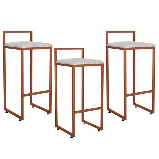 Imagem de Kit 03 Banquetas Alta Para Cozinha Sala de Jantar Hanna L02 Bronze Linho Cinza - Lyam Decor