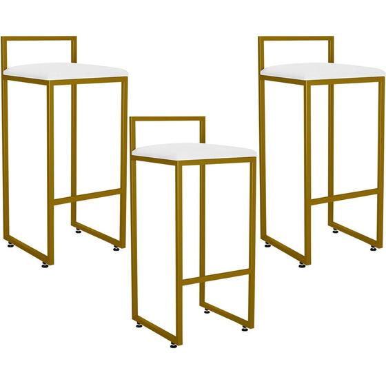 Imagem de Kit 03 Banquetas Alta Para Cozinha Sala De Jantar Hanna L02 Dourado Corano Branco - Lyam Decor