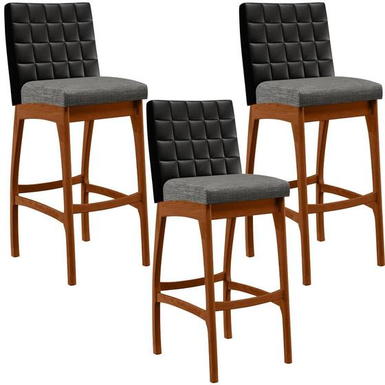 Imagem de Kit 03 Banquetas Altas Sala De Jantar Fixa Mila B04 Corano Preto Linho Cinza Escuro - Lyam Decor