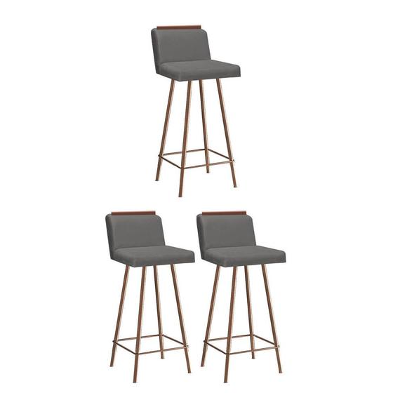 Imagem de Kit 03 Banquetas Com Encosto Menne Eiffel Bistrô Cozinha Aplique Ferro Bronze material sintético Cinza  - Ahz Móveis