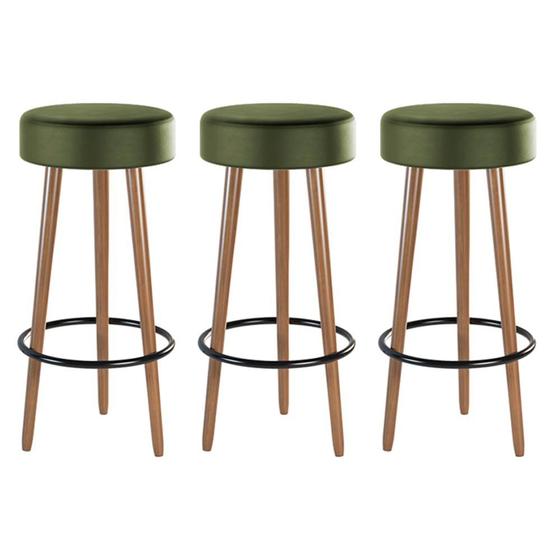 Imagem de Kit 03 Banquetas Cozinha Londres Estofada D-33 com Pés de Madeira Couríssimo Verde - Desk Design