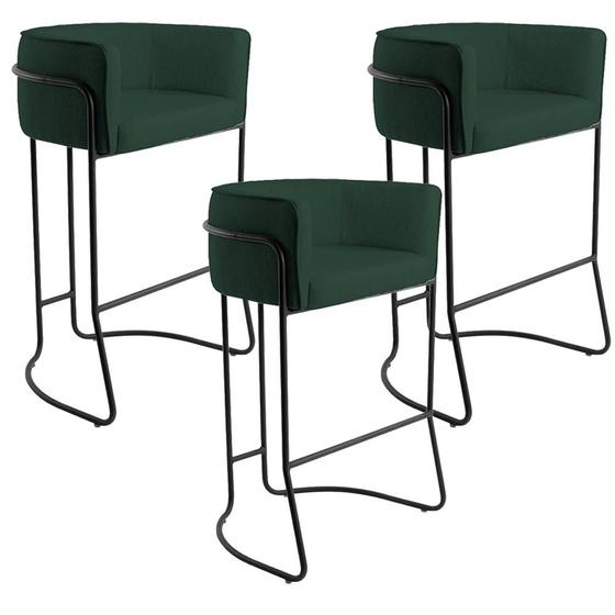 Imagem de Kit 03 Banquetas Decorativas Fixa Base de Aço Preto Betina D02 Linho Verde Musgo C-117 - Lyam Decor