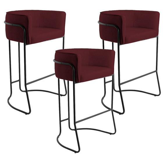 Imagem de Kit 03 Banquetas Decorativas Fixa Base de Aço Preto Betina D02 Veludo Marsala C-278 - Lyam Decor