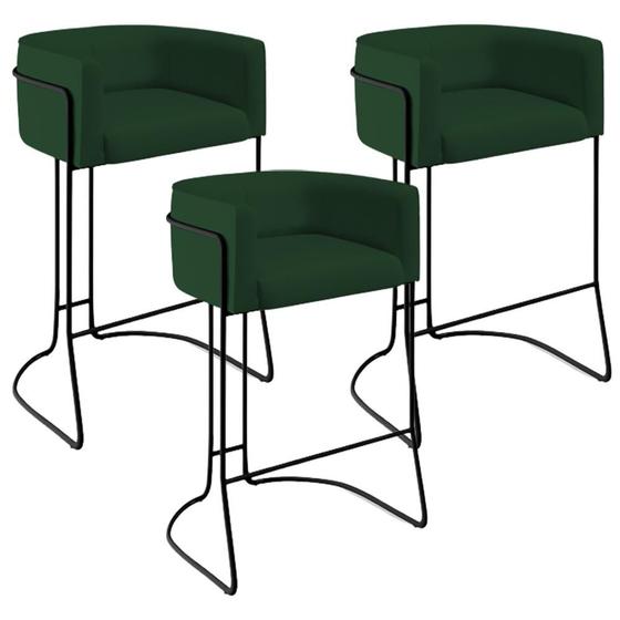 Imagem de Kit 03 Banquetas Decorativas Fixa Base de Aço Preto Betina D02 Veludo Verde Musgo B-303 - Lyam Decor