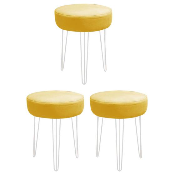 Imagem de Kit 03 Banquetas Puff Jullia Luxo 55cm Industrial Ferro Branco material sintético Amarelo - Ahazzo Móveis