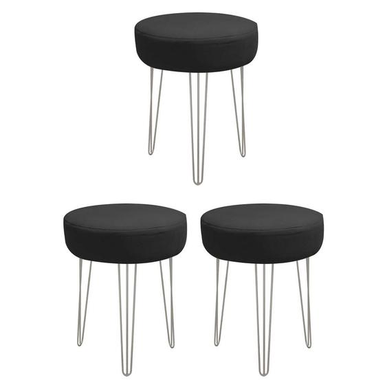 Imagem de Kit 03 Banquetas Puff Jullia Luxo 55cm Industrial Ferro Cinza Sintético Preto - Ahazzo Móveis