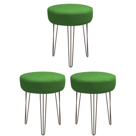 Imagem de Kit 03 Banquetas Puff Jullia Luxo 55cm Industrial Ferro Marrom Sintético Verde - Ahazzo Móveis