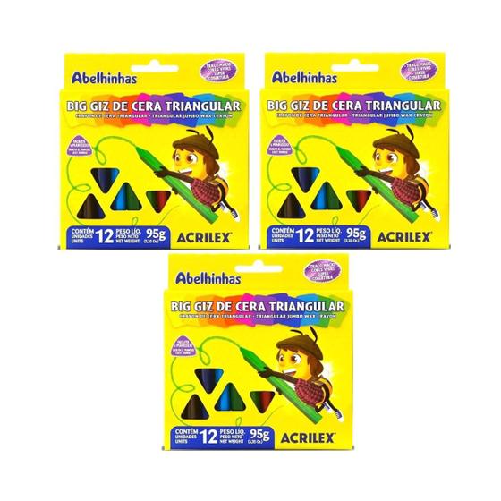 Imagem de Kit 03 Big Giz de Cera Triangular Gizão Jumbo 12 Cores Acrilex