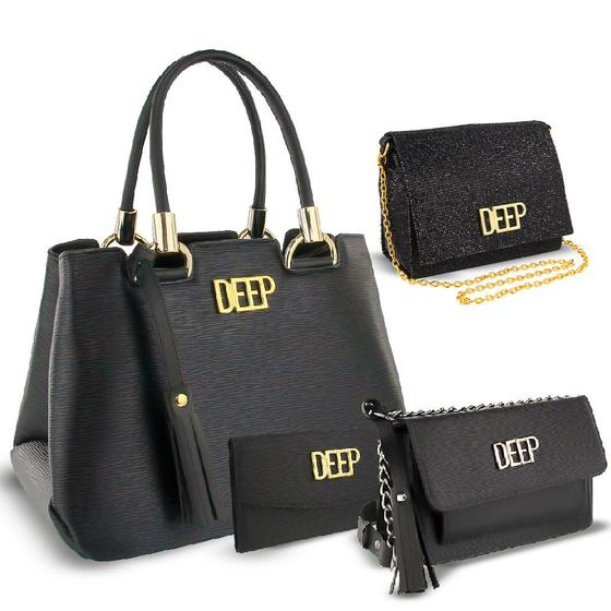 Imagem de Kit 03 Bolsas Femininas Pretas Média Com Alça Transversal e de Mão + Carteira deep bags