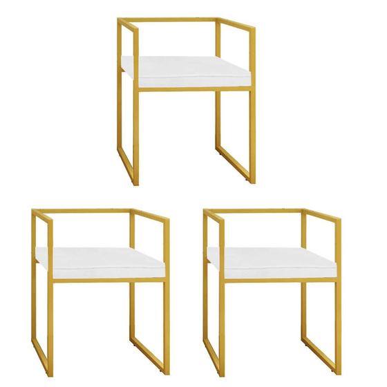 Imagem de Kit 03 Cadeira de Jantar Cubo Office Escritório Recepção Ferro Dourado Suede Branco - Ahz Móveis