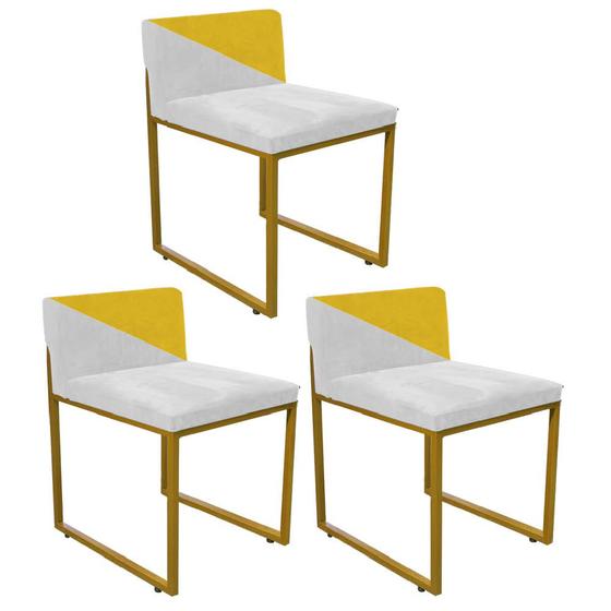 Imagem de Kit 03 Cadeira Office Lee Duo Sala de Jantar Industrial Ferro Dourado Sintético Branco e Amarelo - Ahz Móveis