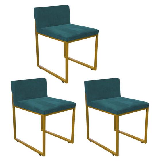 Imagem de Kit 03 Cadeiraa De Jantar Escritório Recepção Lee Office Industrial Ferro Dourado Suede Azul Turquesa - Ahz Móveis