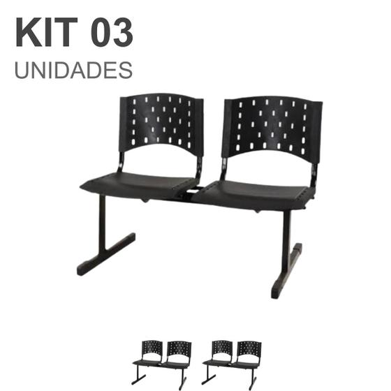 Imagem de Kit 03 Cadeiras Longarinas PLÁSTICAS 02 Lugares - Cor PRETA - Realplast - 23019