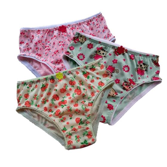 Imagem de Kit 03 Calcinhas Infantil Estampada Algodão Reforçada P